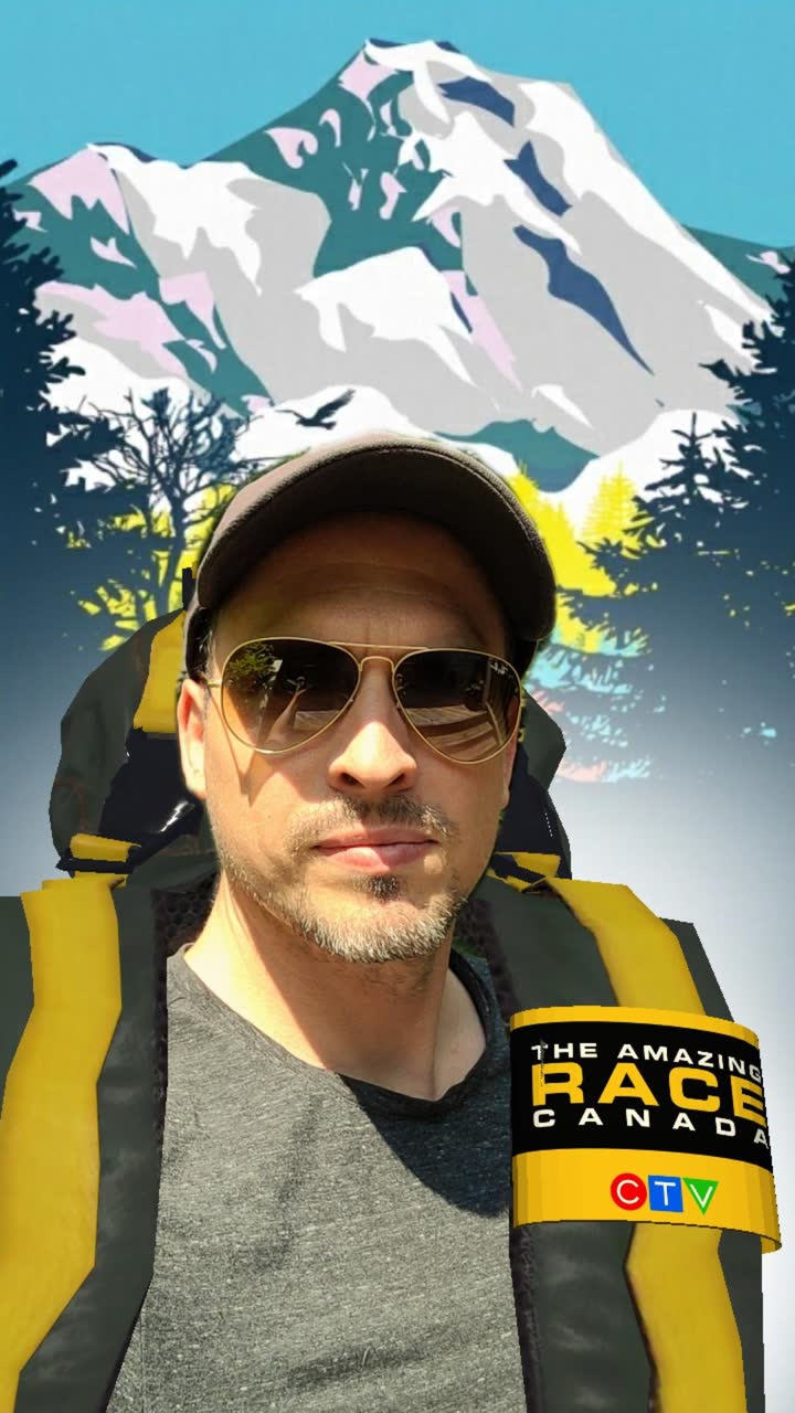 Amazing Race Canada lens: a 3D pack and CTV badge registered to the wearer's body